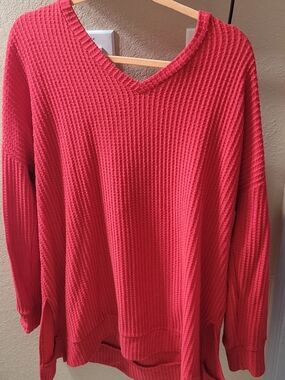Zenana Outfitters Red V-Neck Waffle Knit Sweater